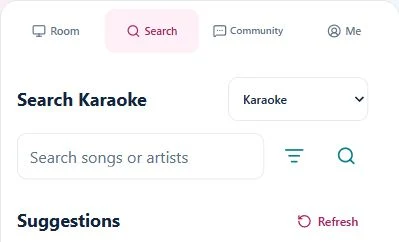 Actual Home song search and Room, Search, Community and Me tabs